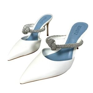 Schutz Pearl Crystal Knot Pumps Mules Heels 8.5B White Glam Bridal Formal